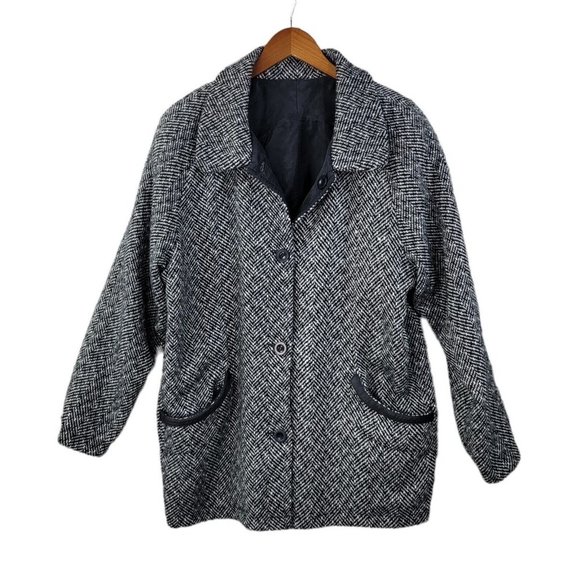 Vintage Reversible Coat size Large Light/Dark Academia Tweed Wool Silk grey - Picture 2 of 8